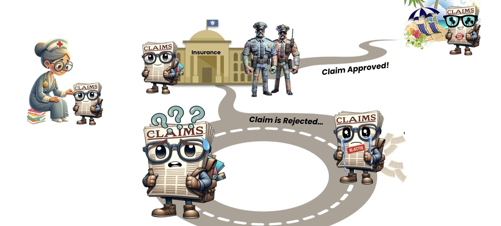 Illustration of a claim's life: created by a clinician, sent to the insurer, scrutinized, then either approved and paid or rejected and lost on a loop